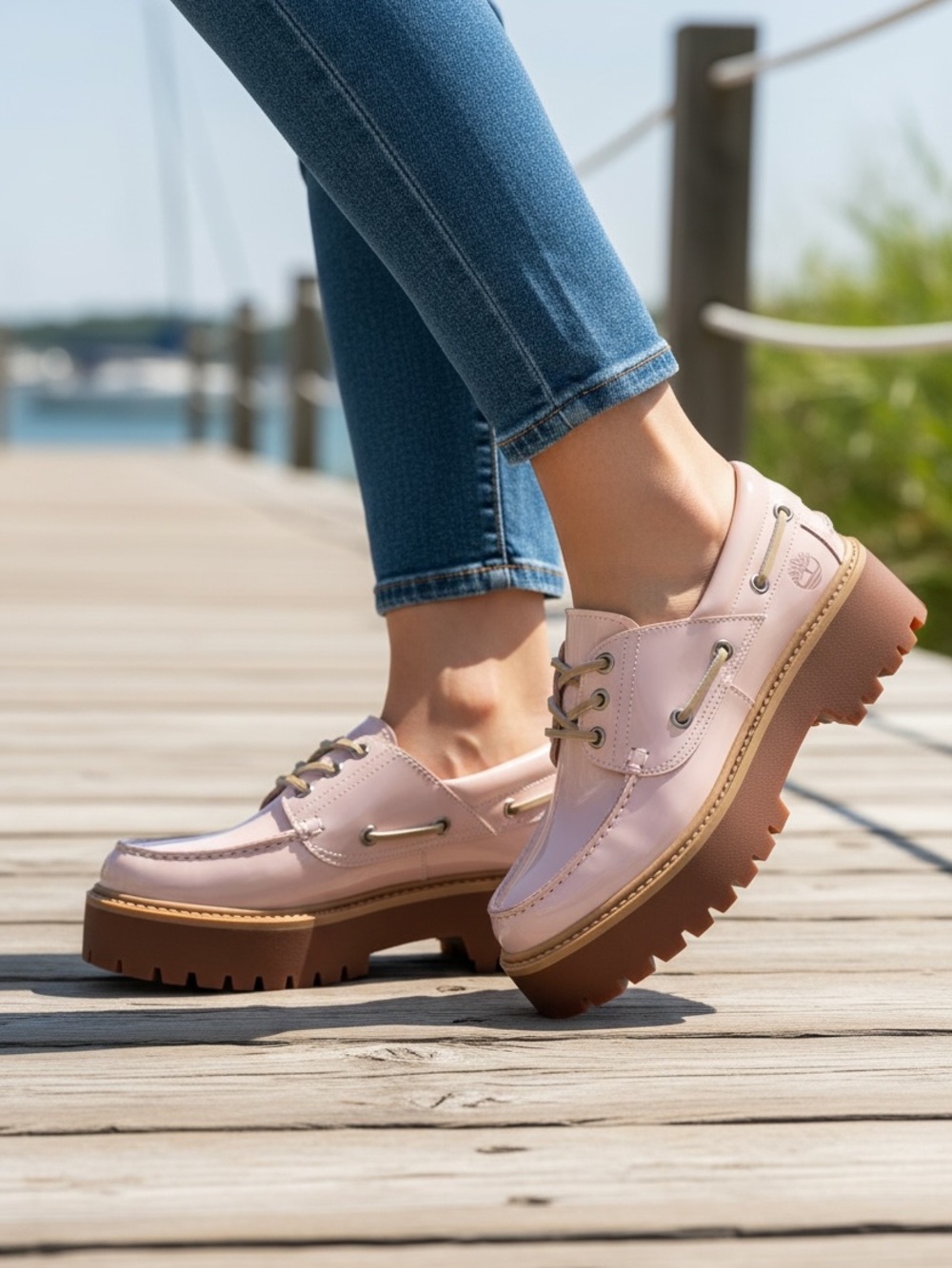 Timberland Light Pink Patent Leather Stone Street Platform Boat Shoe